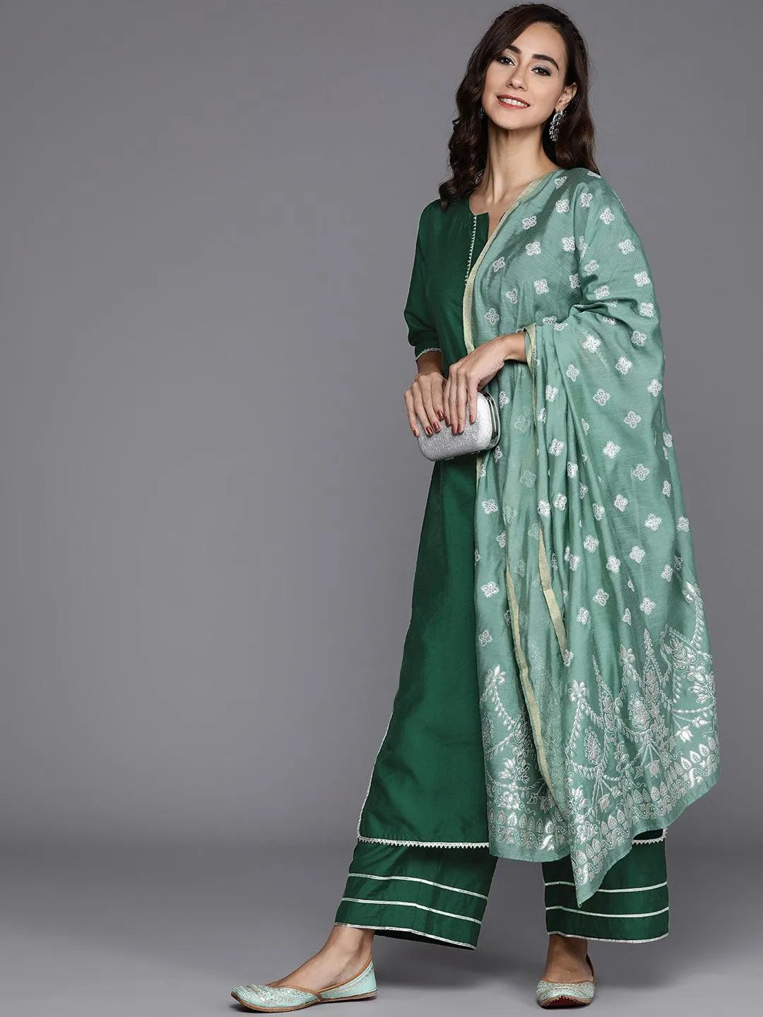 Green Solid Chanderi Silk Suit Set - Libas