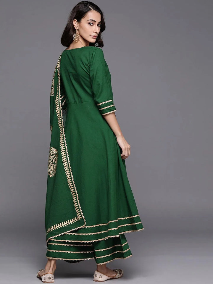 Green Solid Cotton Suit Set - Libas