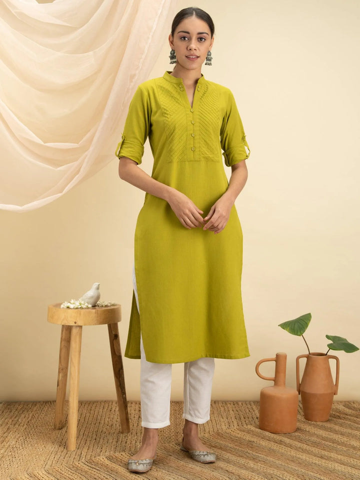 Green Solid Cotton Kurta - Libas