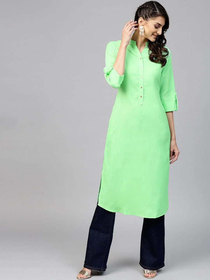 Green Solid Cotton Kurta - Libas