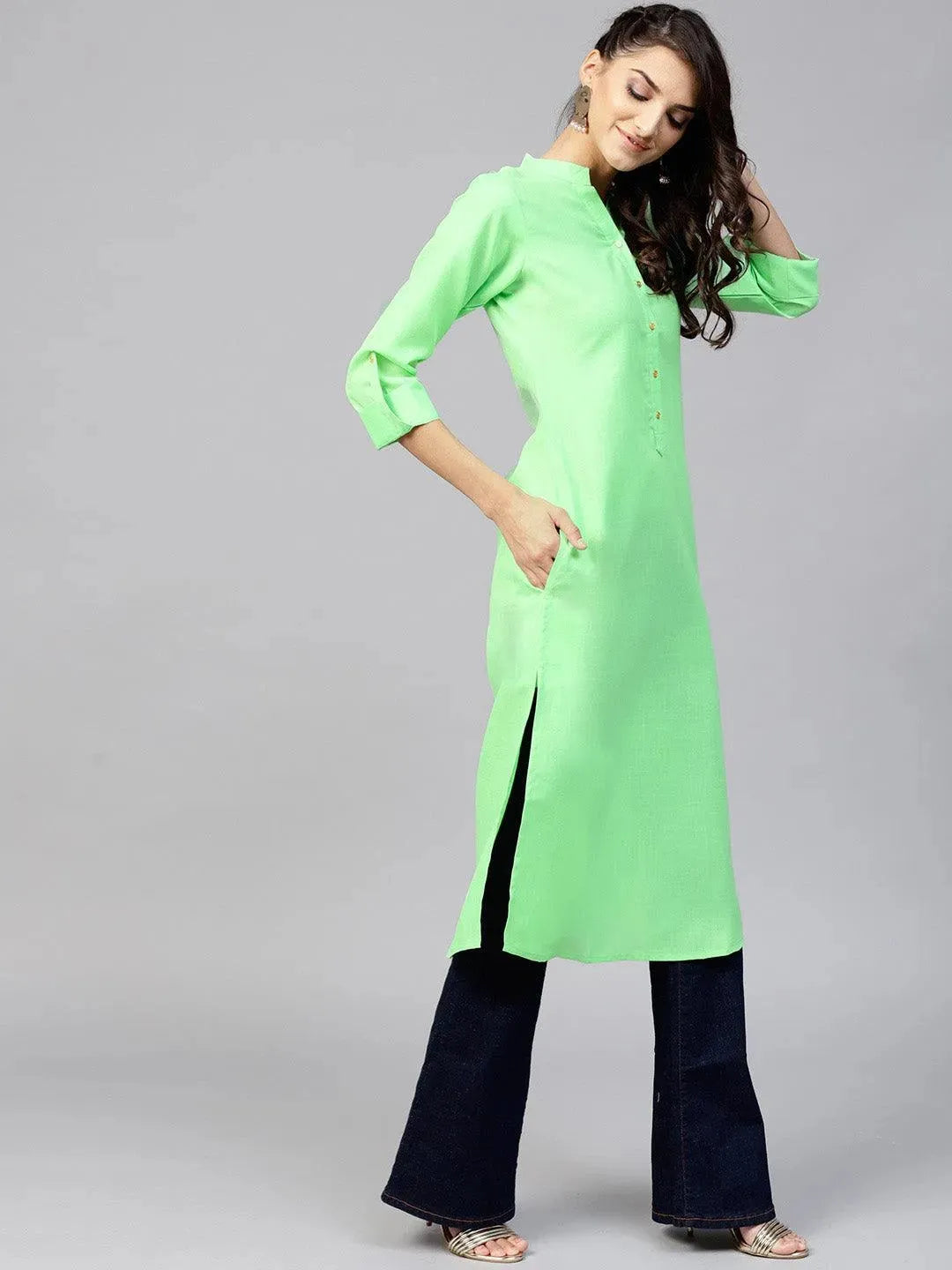 Green Solid Cotton Kurta - Libas 