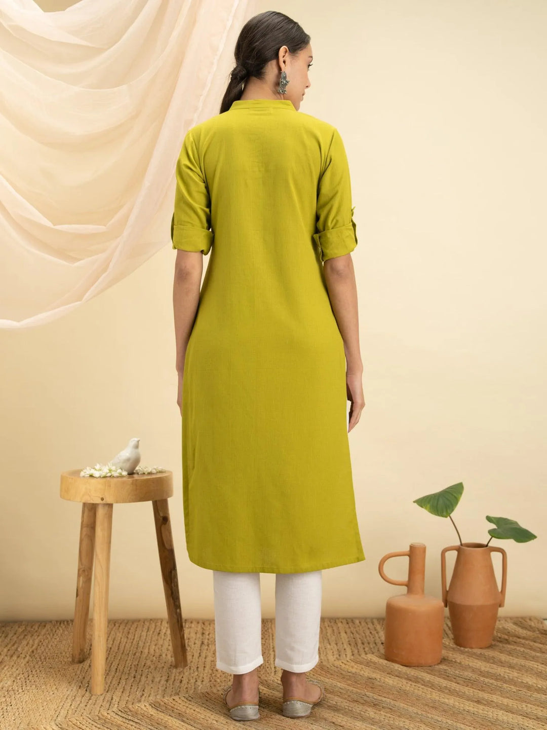 Green Solid Cotton Kurta - Libas