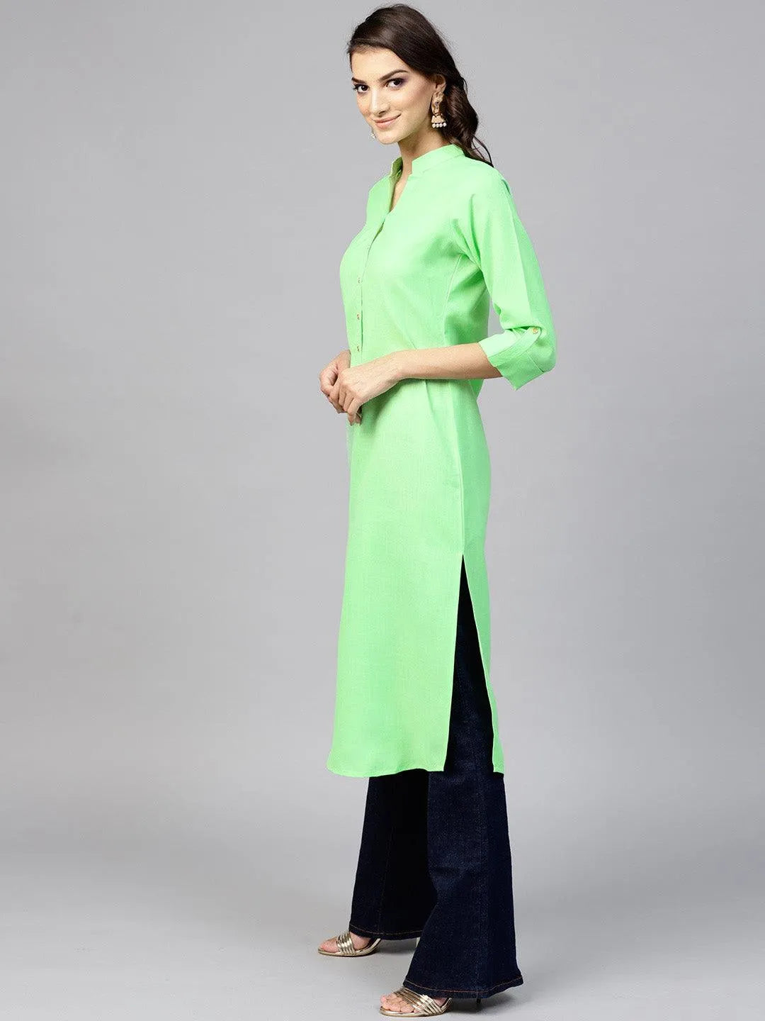 Green Solid Cotton Kurta - Libas 