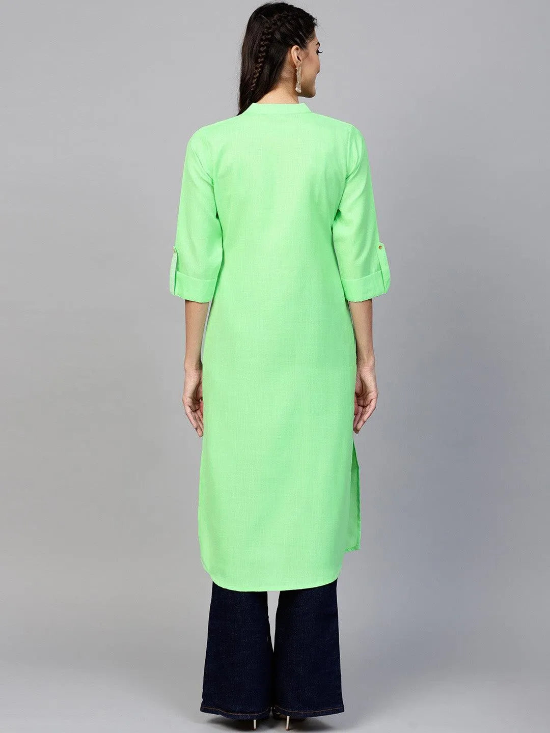 Green Solid Cotton Kurta - Libas