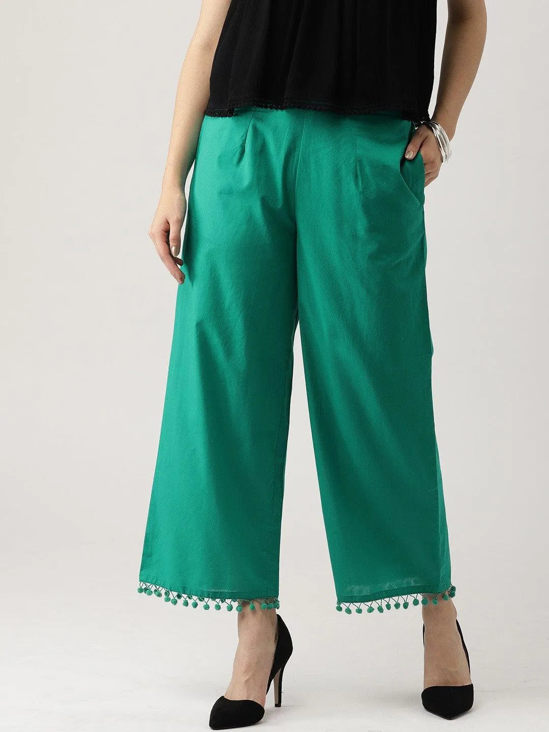 Green Solid Cotton Palazzos - Libas 