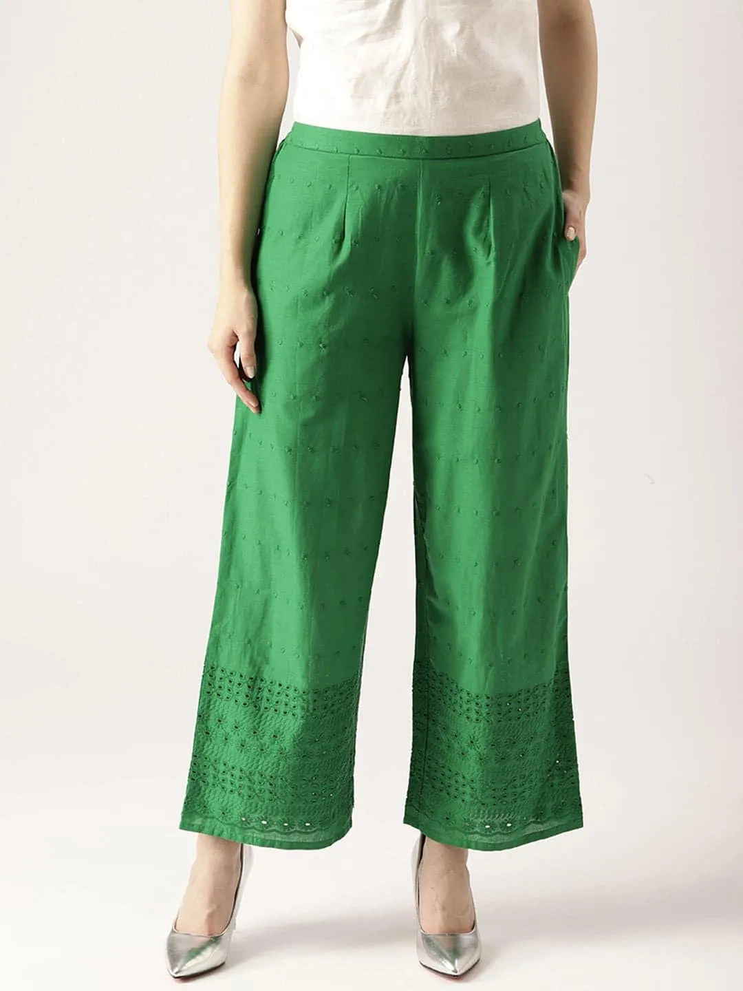 Green Solid Cotton Palazzos - Libas 