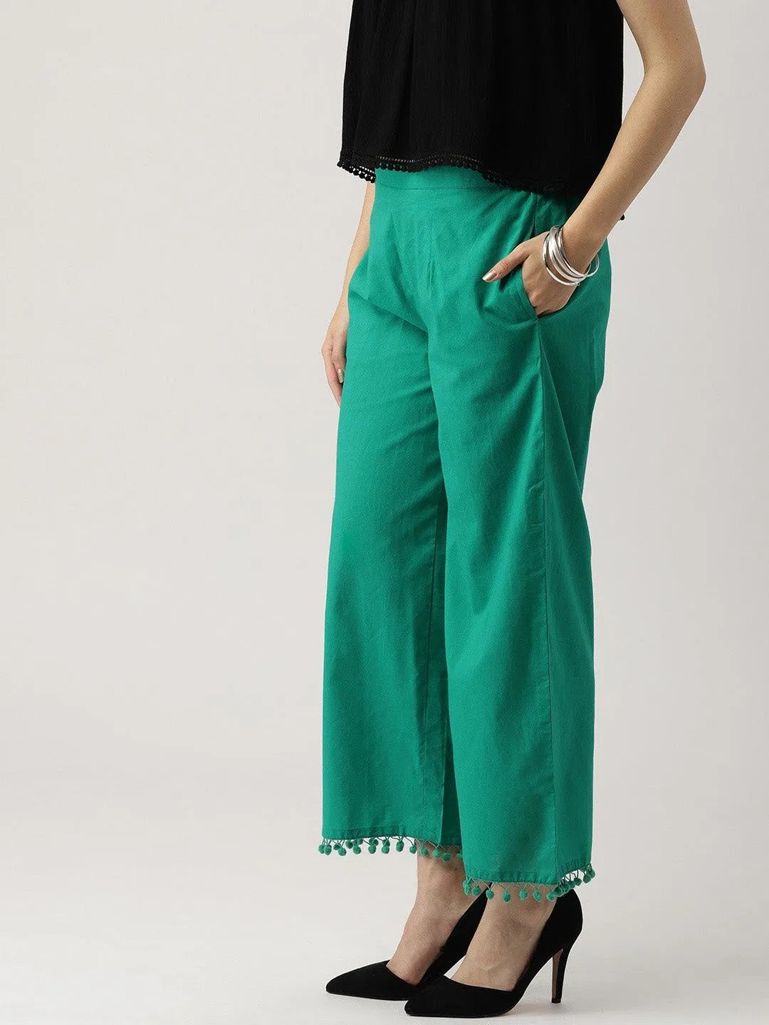 Green Solid Cotton Palazzos - Libas 