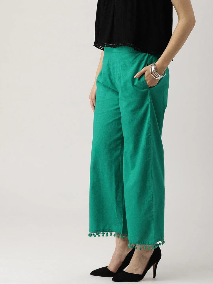 Green Solid Cotton Palazzos - Libas