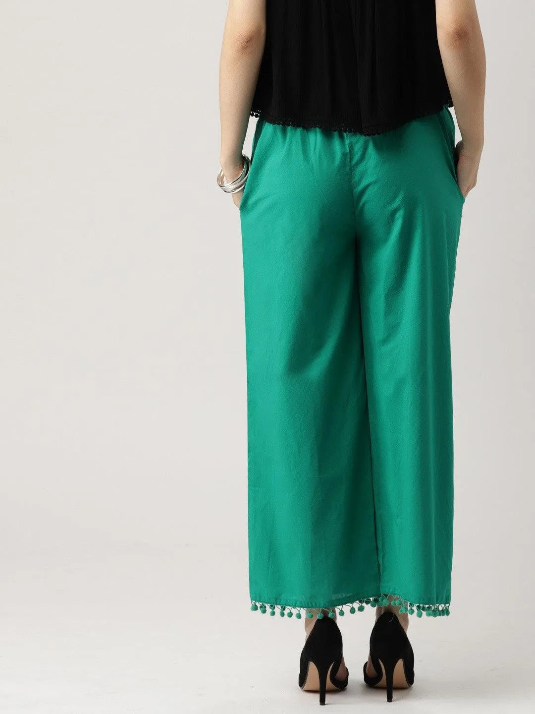 Green Solid Cotton Palazzos - Libas