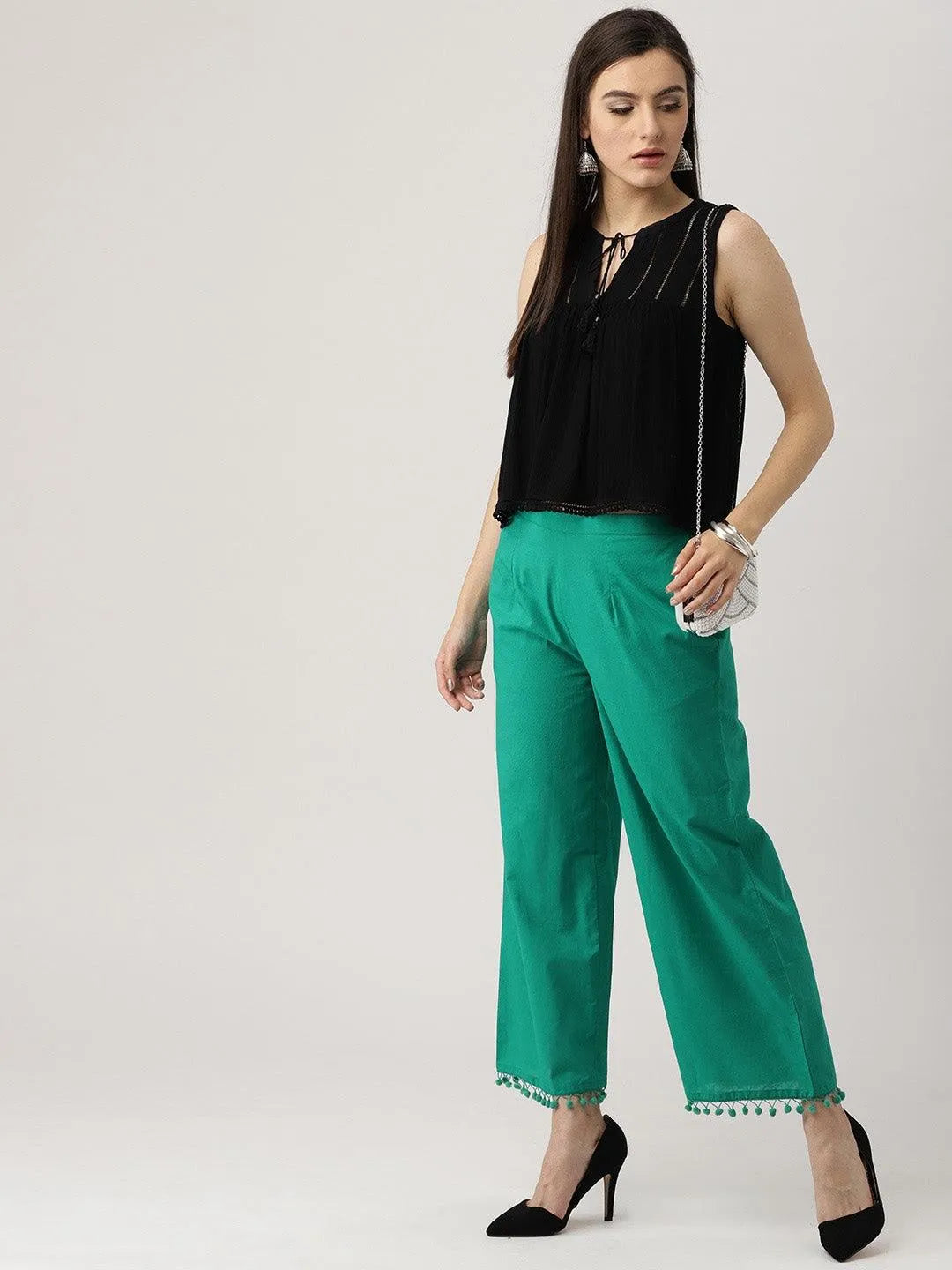 Green Solid Cotton Palazzos - Libas