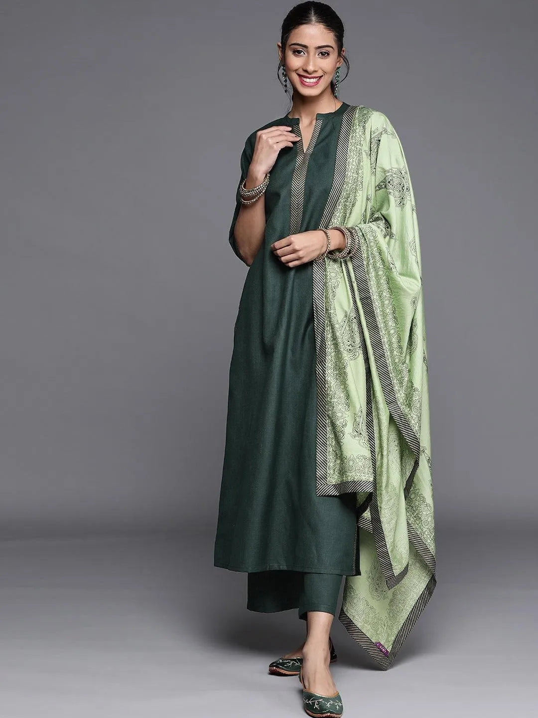 Green Solid Cotton Suit Set - Libas 