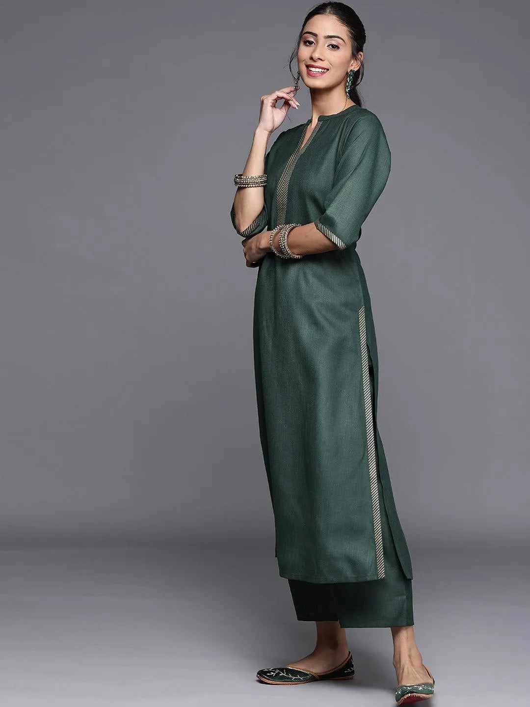 Green Solid Cotton Suit Set - Libas 