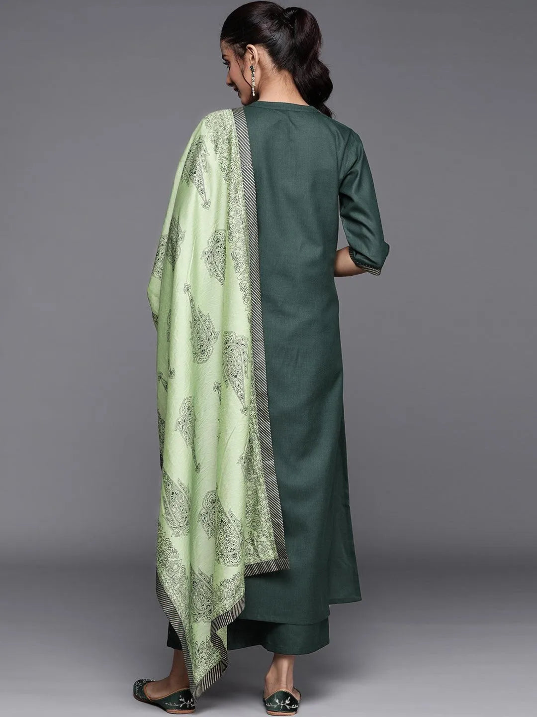 Green Solid Cotton Suit Set - Libas 