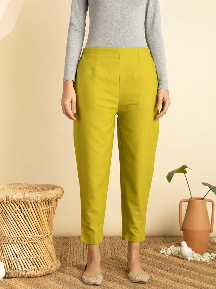 Green Solid Cotton Trousers - Libas