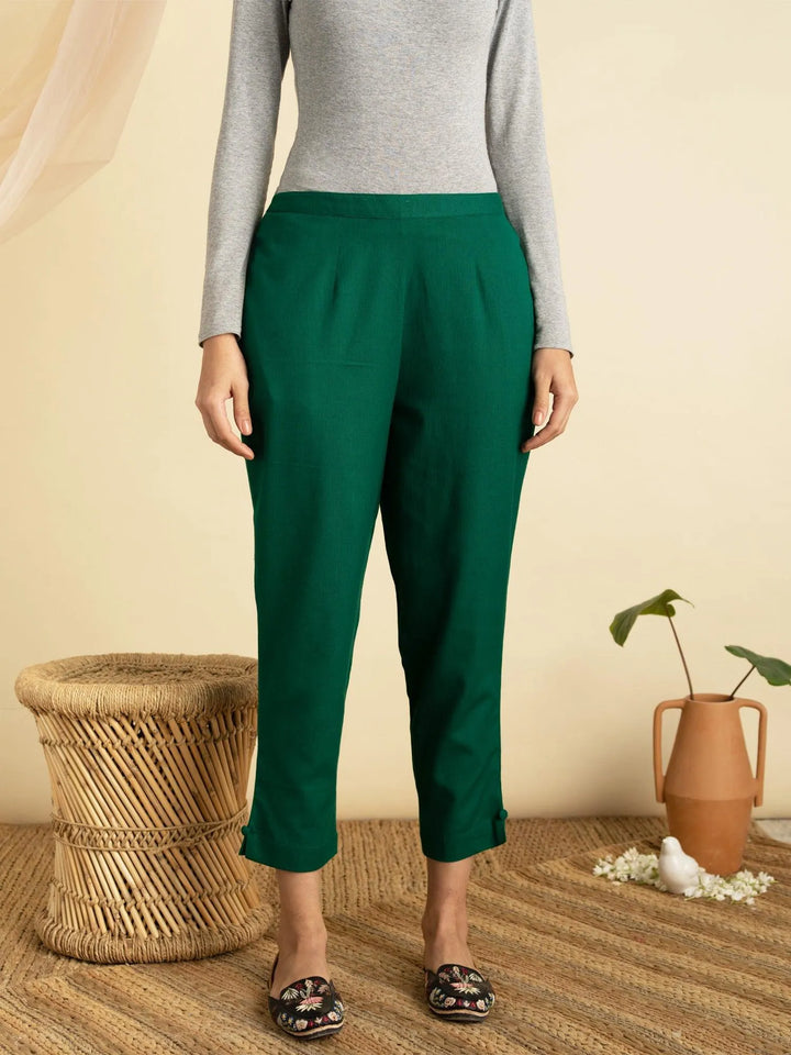 Green Solid Cotton Trousers - Libas