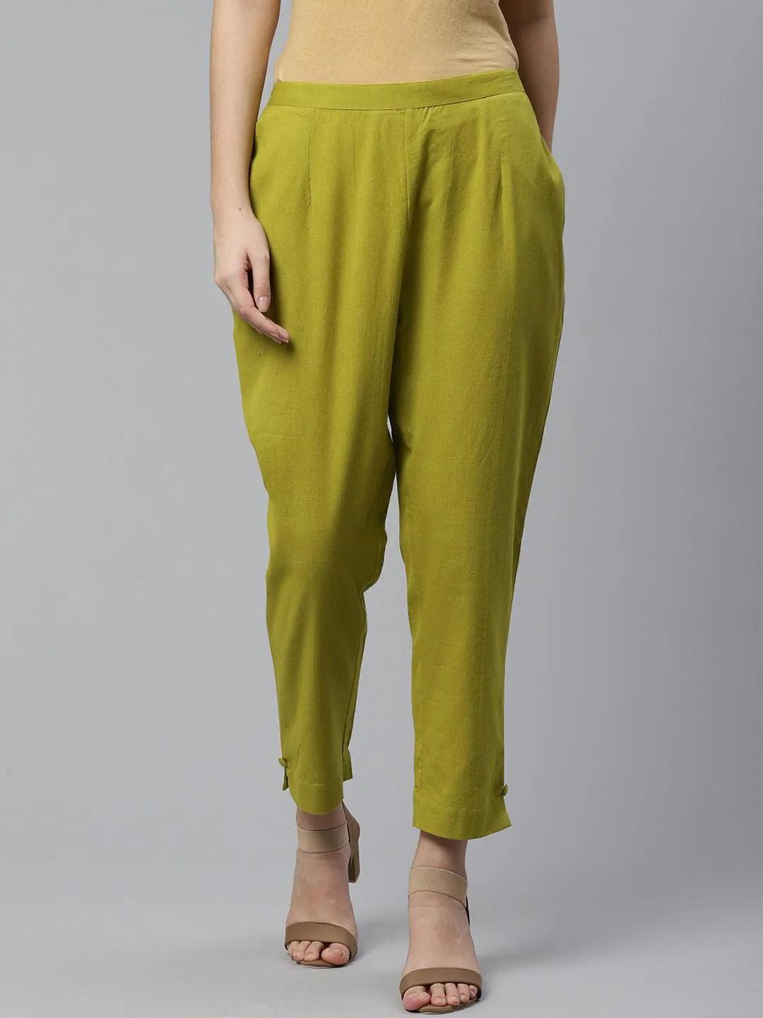 Green Solid Cotton Trousers - Libas 