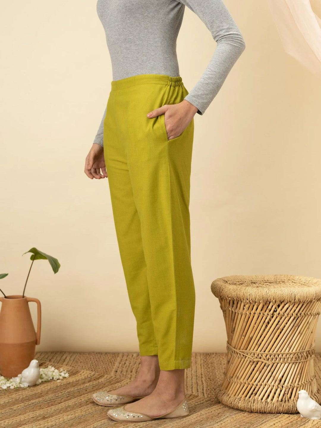 Green Solid Cotton Trousers - Libas