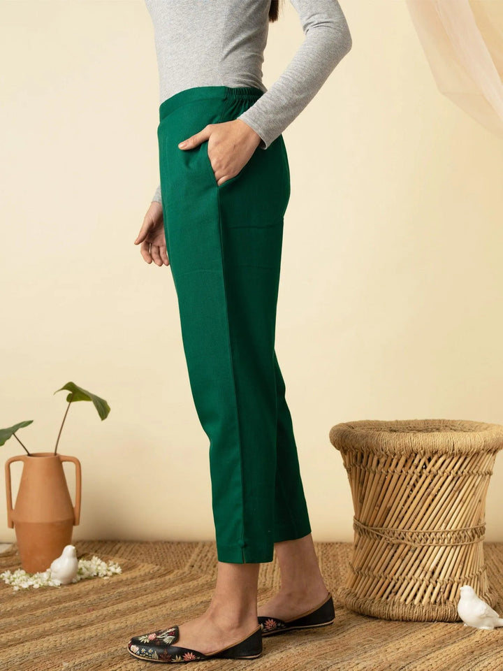 Green Solid Cotton Trousers - Libas