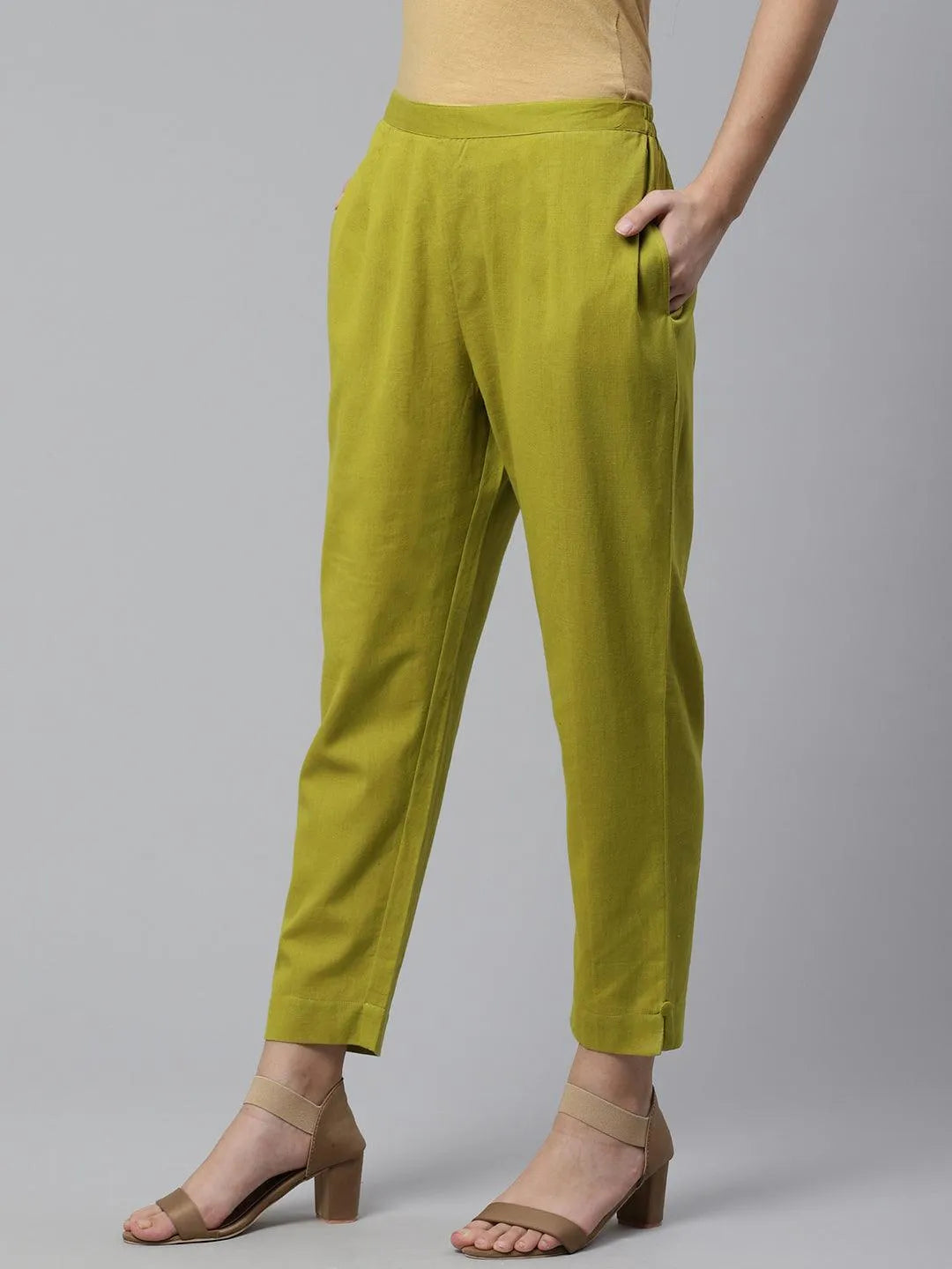 Green Solid Cotton Trousers - Libas 