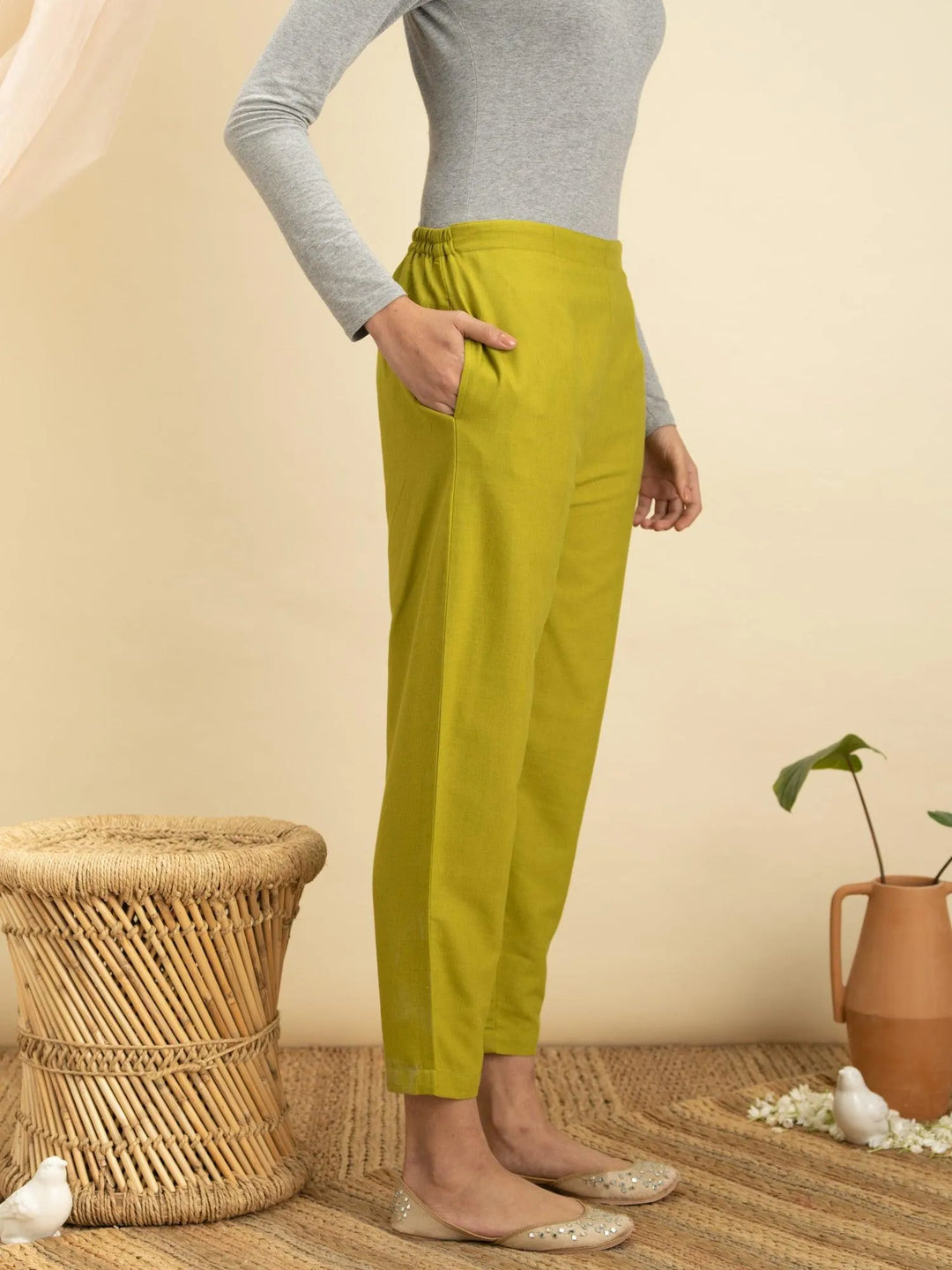 Green Solid Cotton Trousers - Libas 