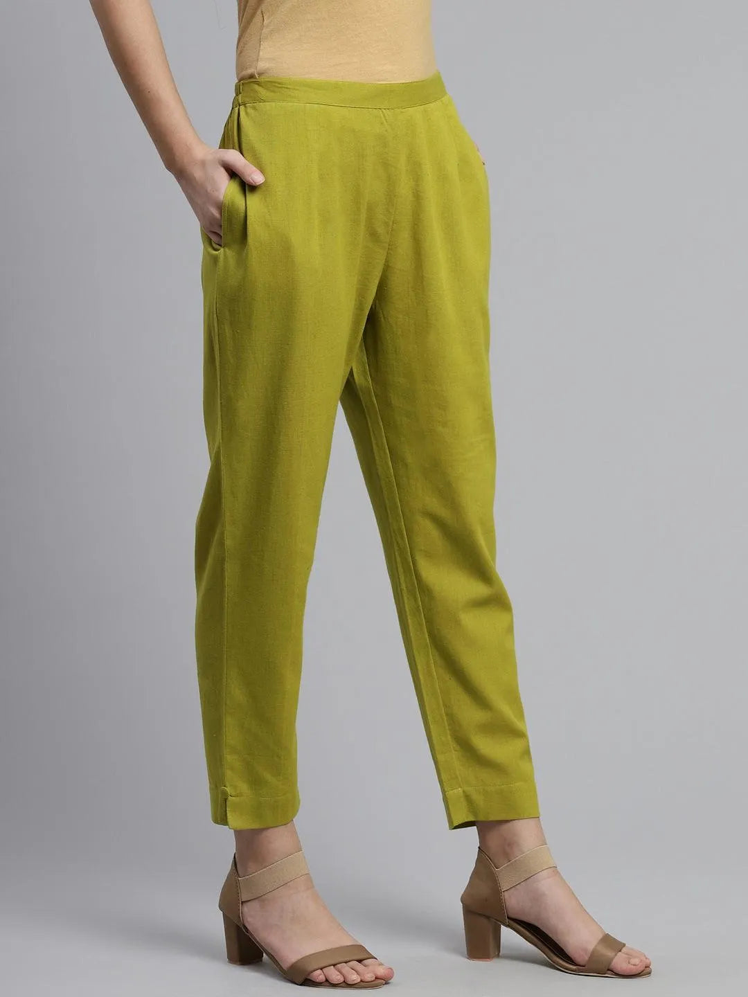 Green Solid Cotton Trousers - Libas 