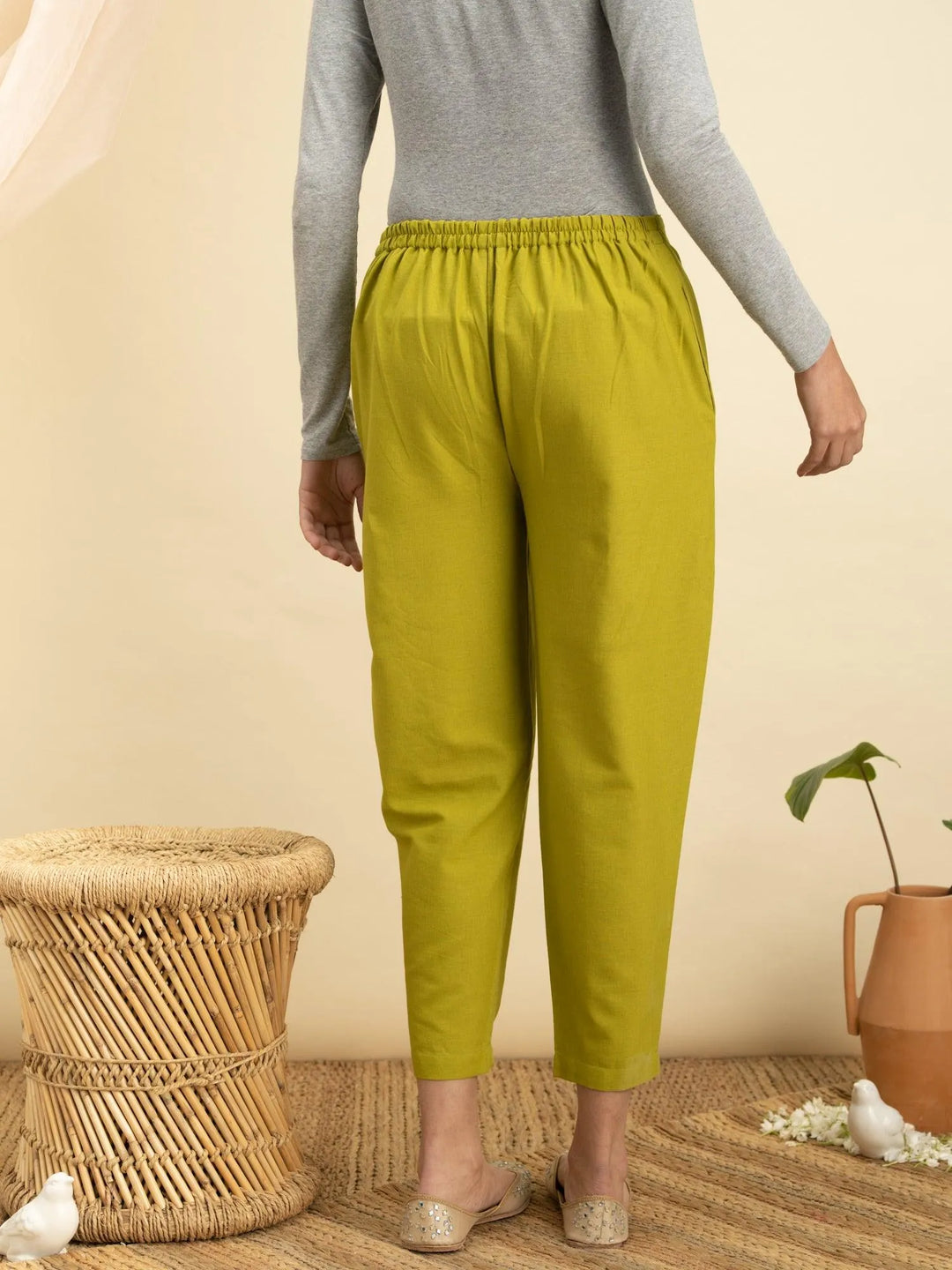 Green Solid Cotton Trousers - Libas 