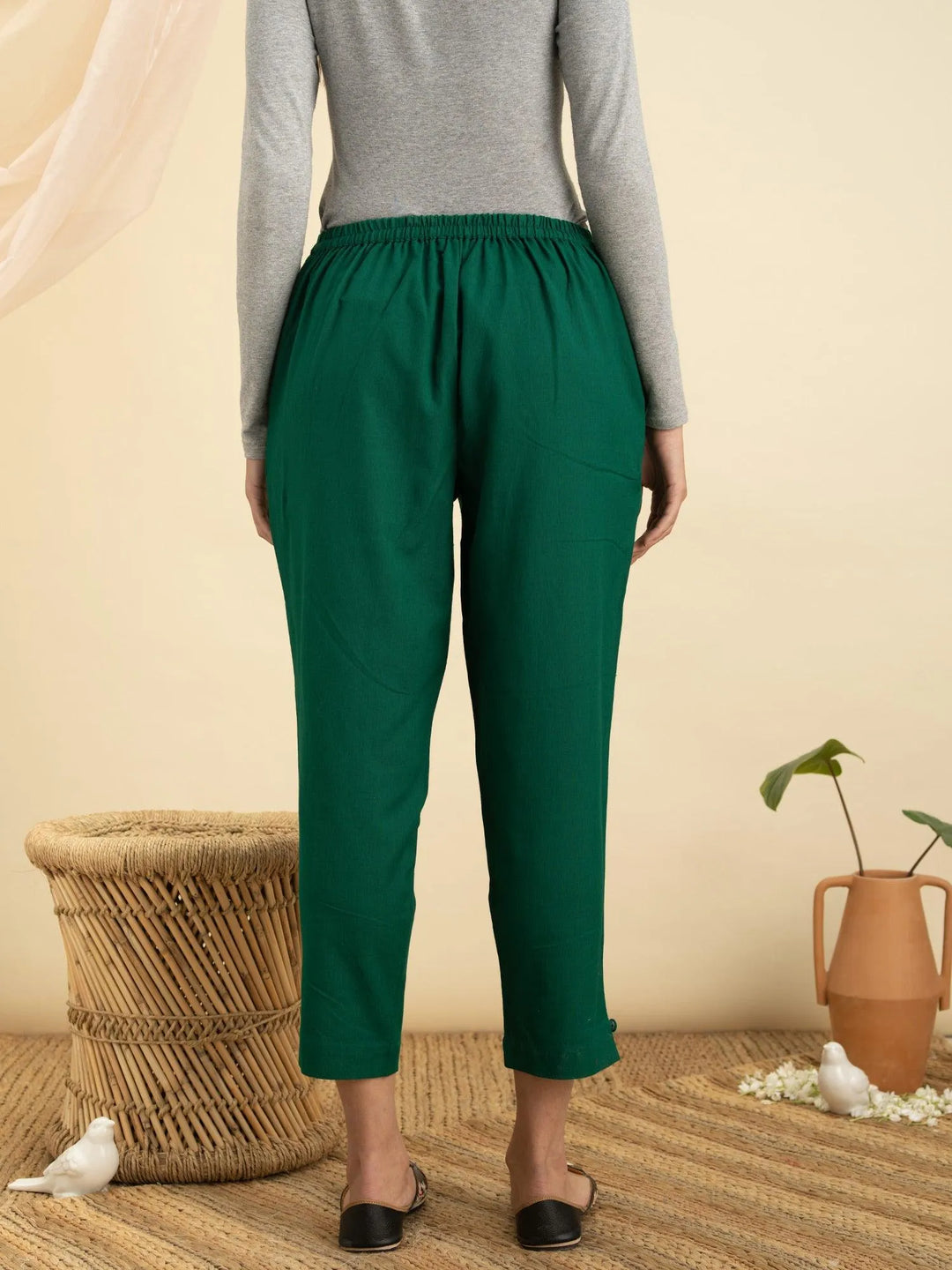 Green Solid Cotton Trousers - Libas 