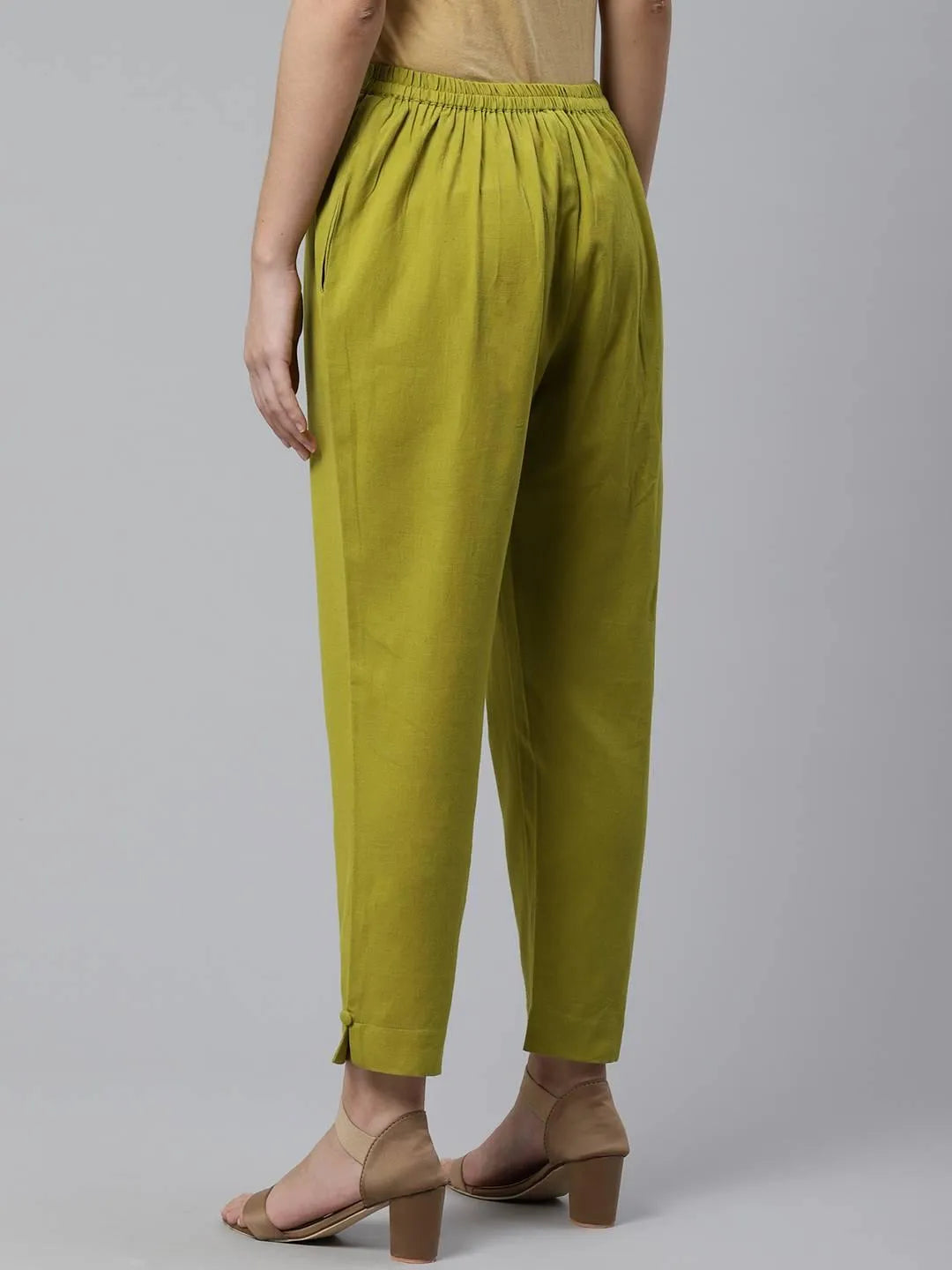 Green Solid Cotton Trousers - Libas 