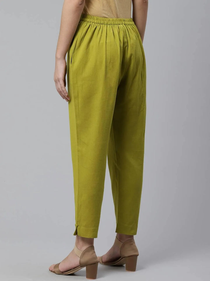 Green Solid Cotton Trousers - Libas