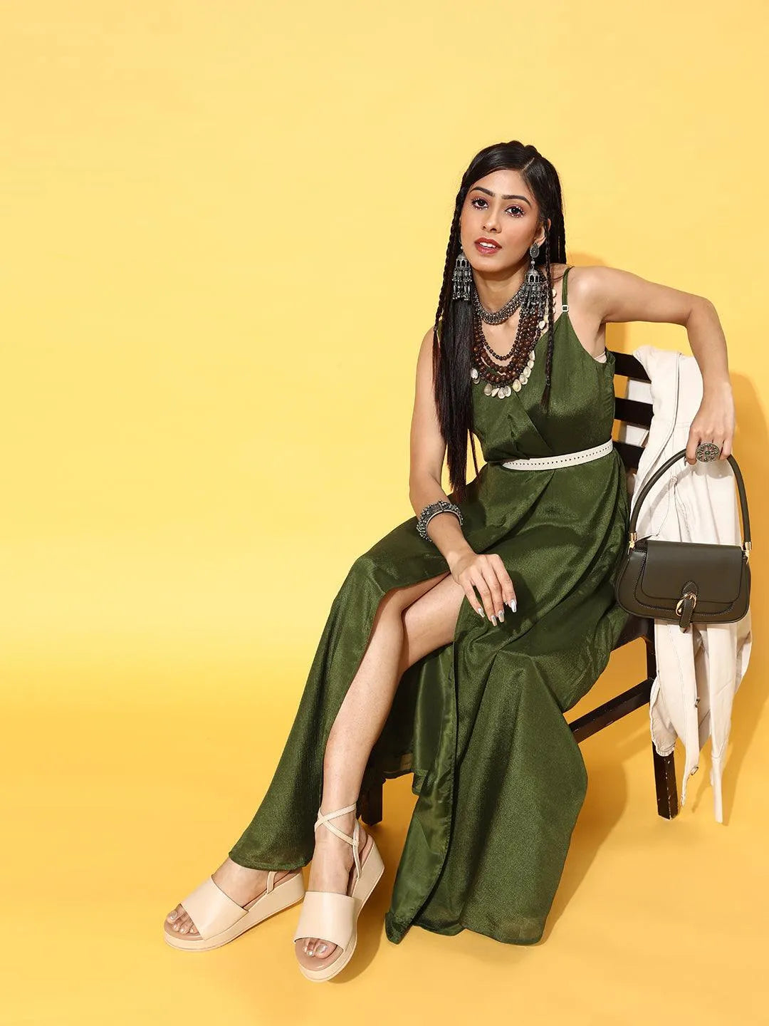 Green Solid Georgette Dress - Libas 