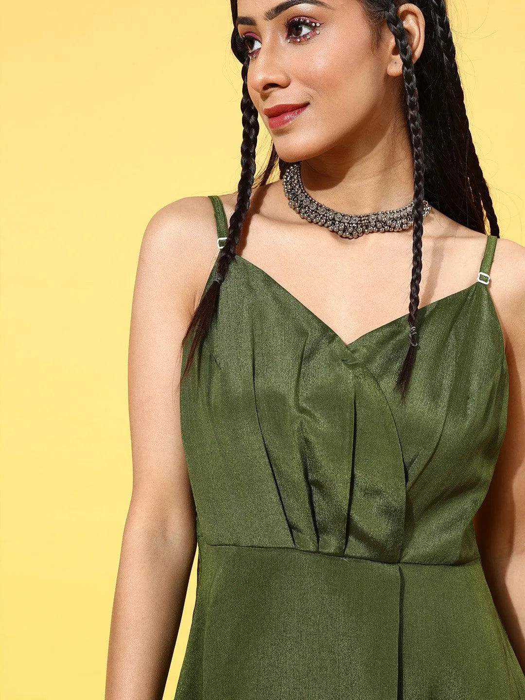 Green Solid Georgette Dress - Libas 