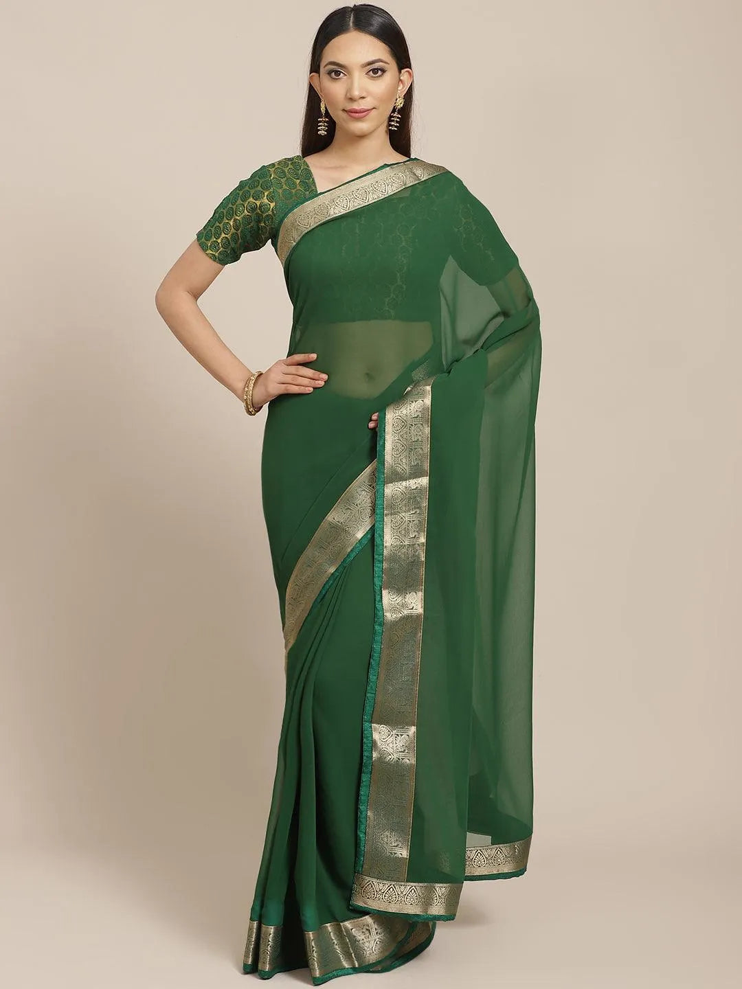 Green Solid Georgette Saree - Libas