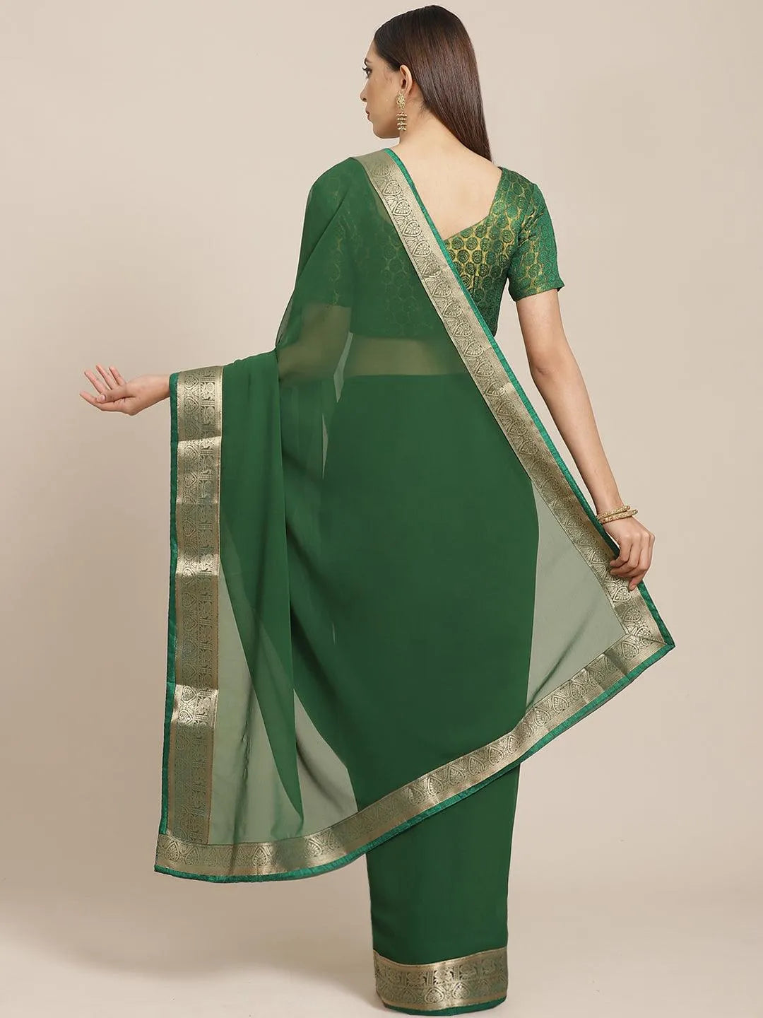 Green Solid Georgette Saree - Libas