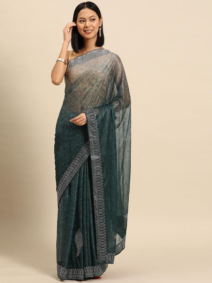 Green Solid Lycra Saree - Libas