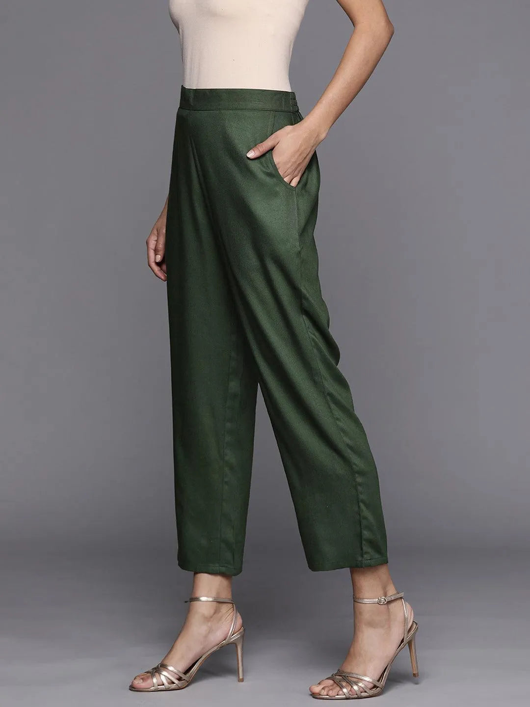 Green Solid Pashmina Wool Trousers - Libas 