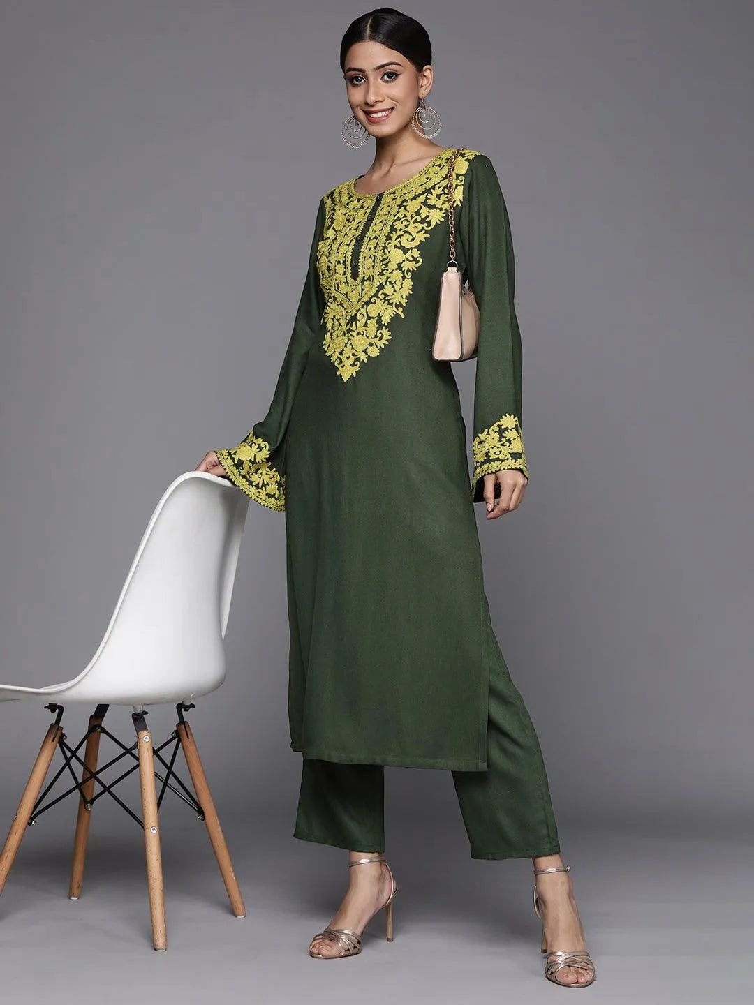 Green Solid Pashmina Wool Trousers - Libas 