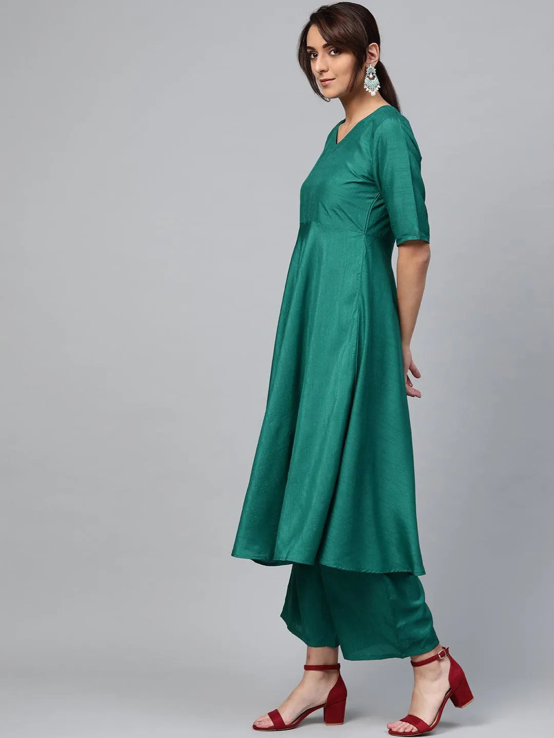 Green Solid Polyester Suit Set - Libas