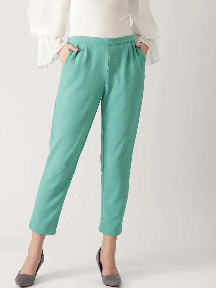 Green Solid Polyester Trousers - Libas