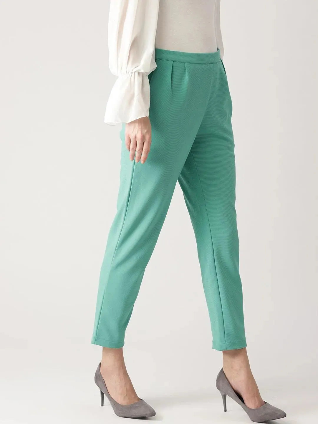 Green Solid Polyester Trousers - Libas 