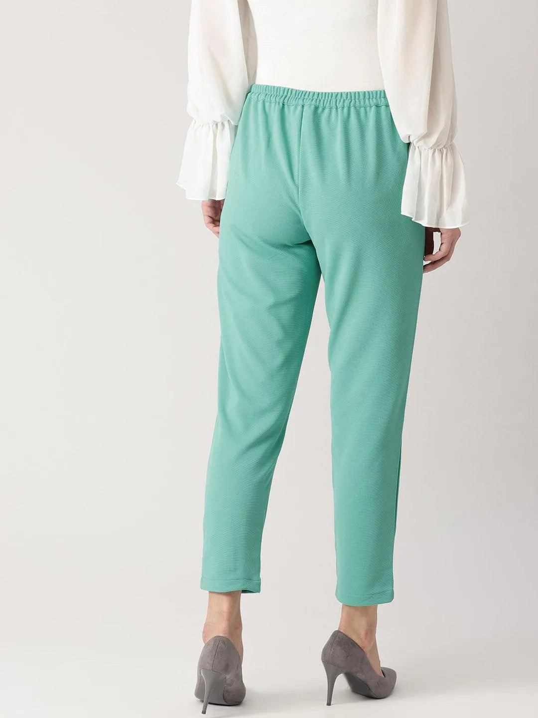 Green Solid Polyester Trousers - Libas 