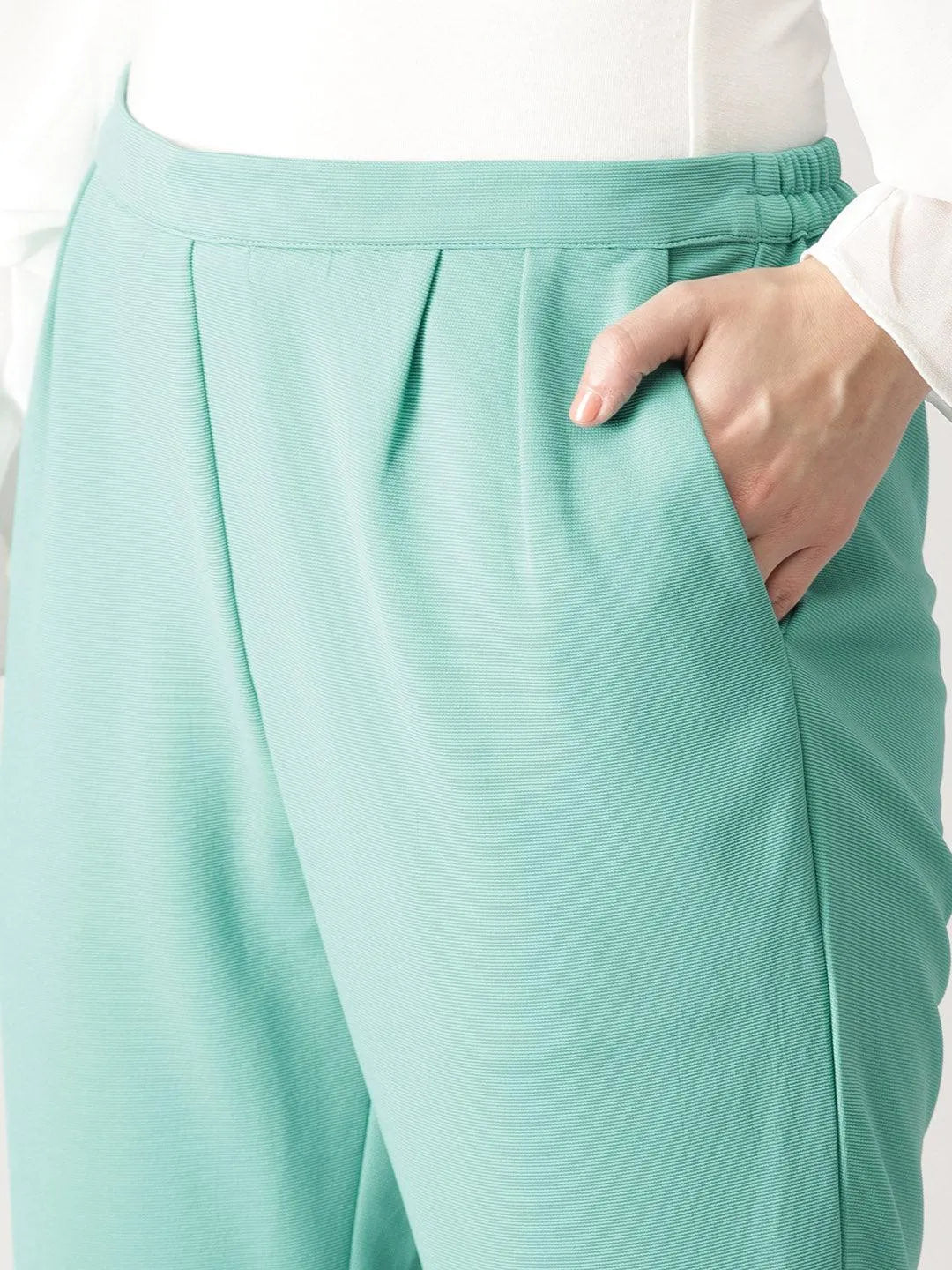 Green Solid Polyester Trousers - Libas 