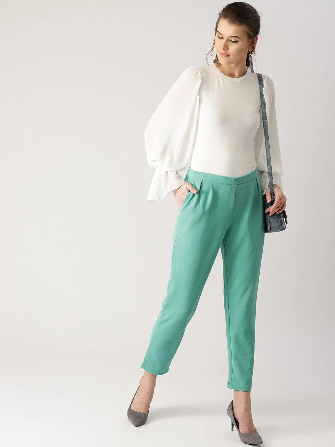 Green Solid Polyester Trousers - Libas 