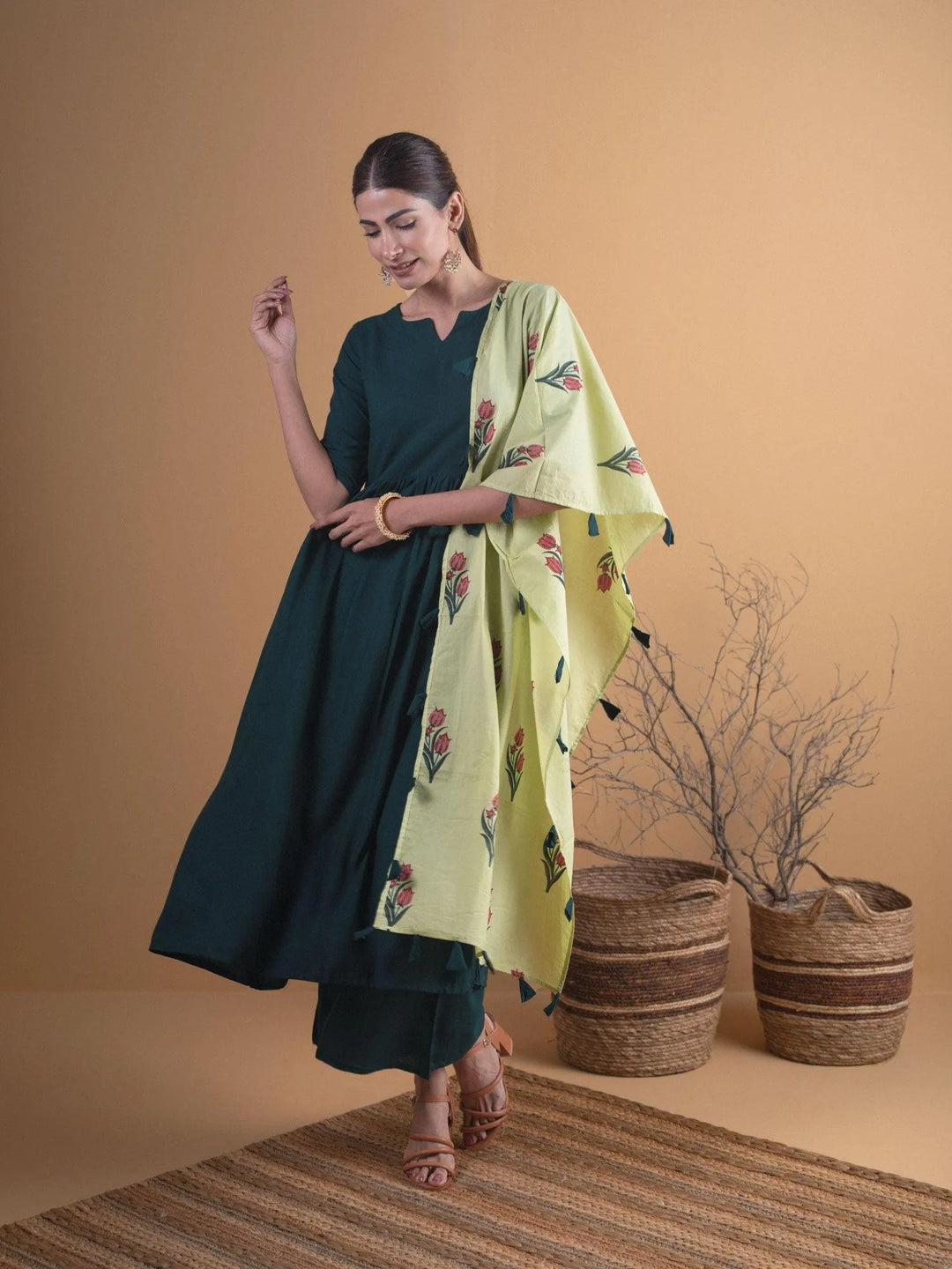 Green Solid Rayon Anarkali Kurta With Palazzos & Stole - Libas 