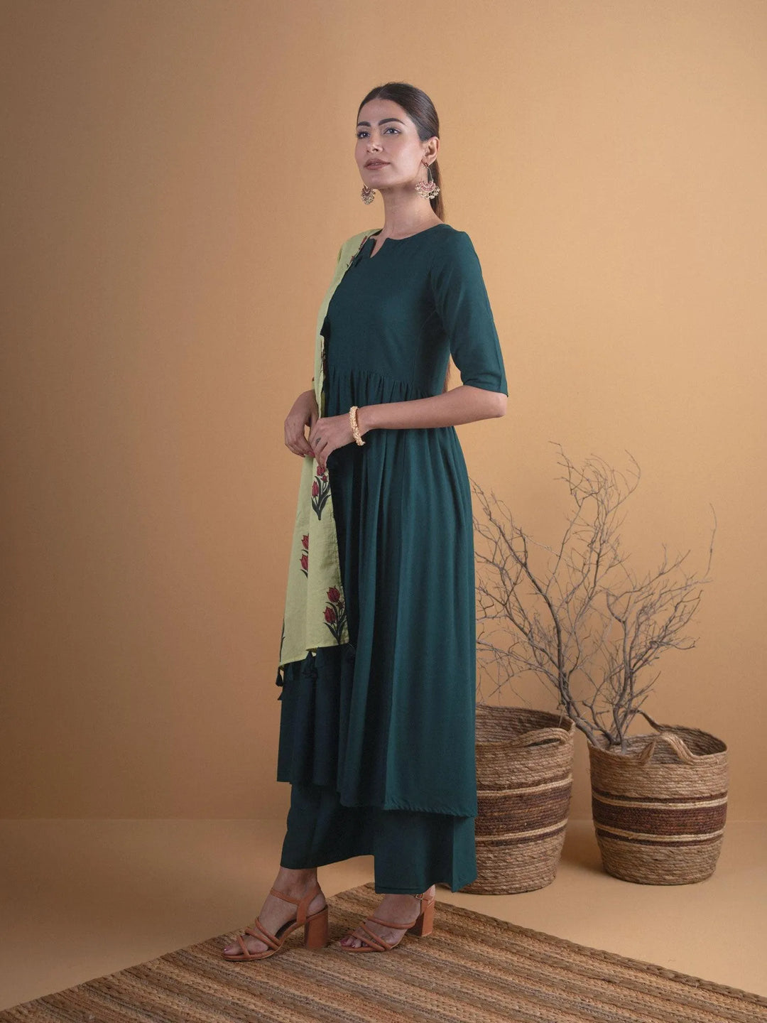 Green Solid Rayon Anarkali Kurta With Palazzos & Stole - Libas