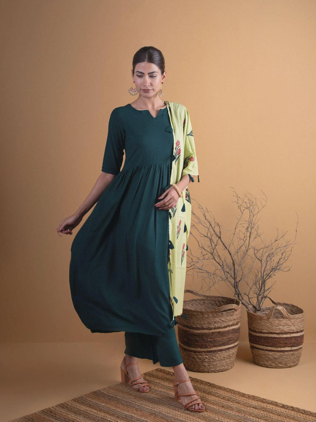 Green Solid Rayon Anarkali Kurta With Palazzos & Stole - Libas 