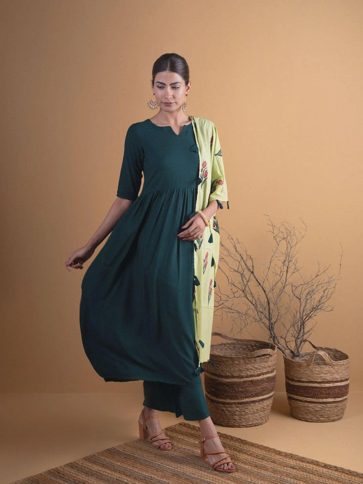 Green Solid Rayon Anarkali Kurta With Palazzos & Stole - Libas