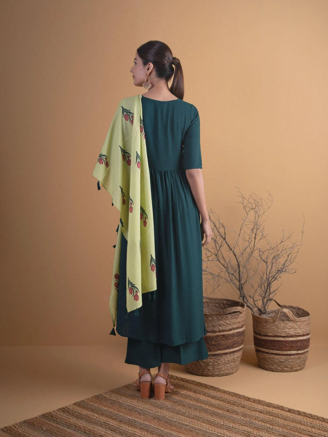 Green Solid Rayon Anarkali Kurta With Palazzos & Stole - Libas 