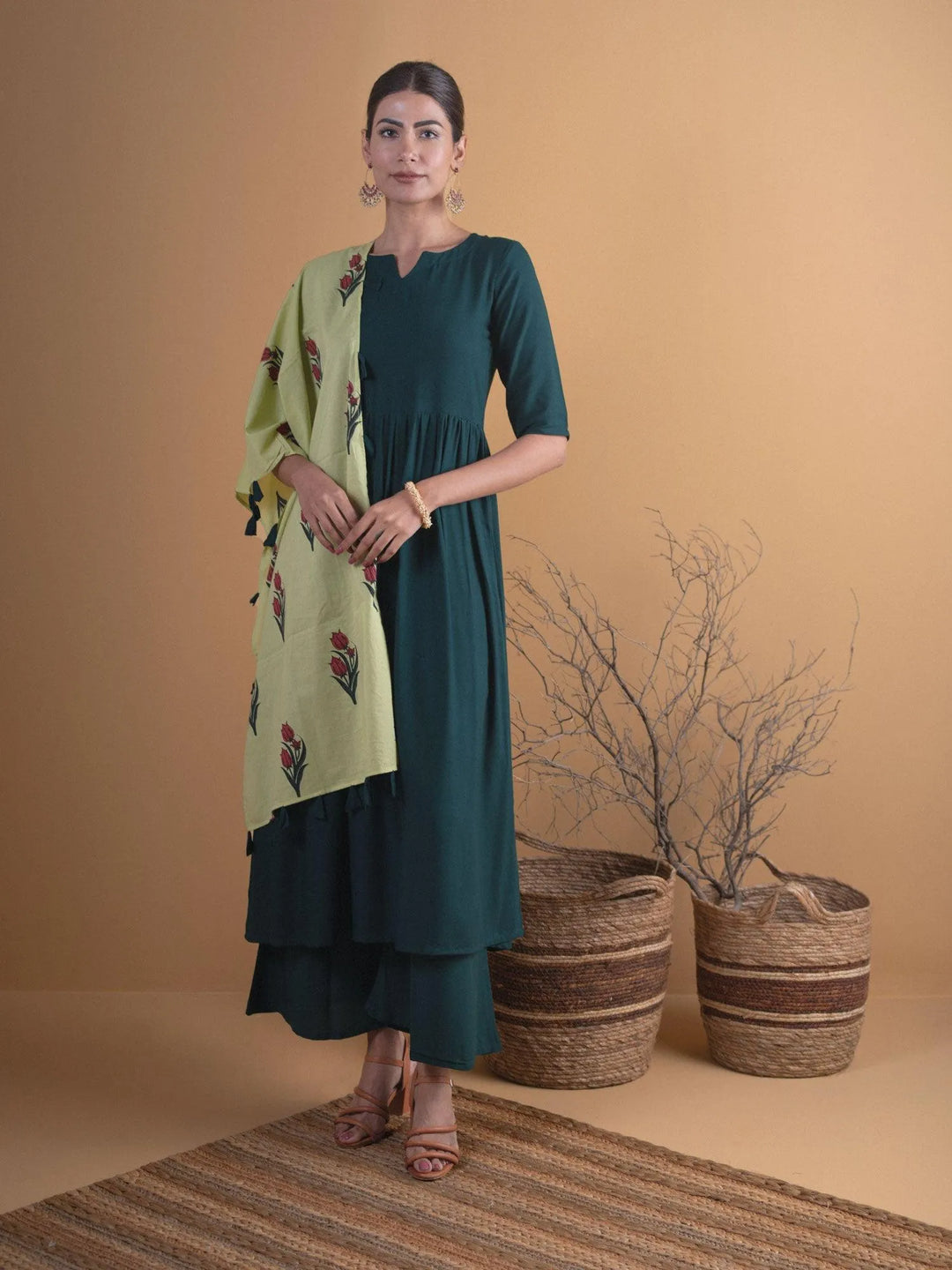 Green Solid Rayon Anarkali Kurta With Palazzos & Stole - Libas