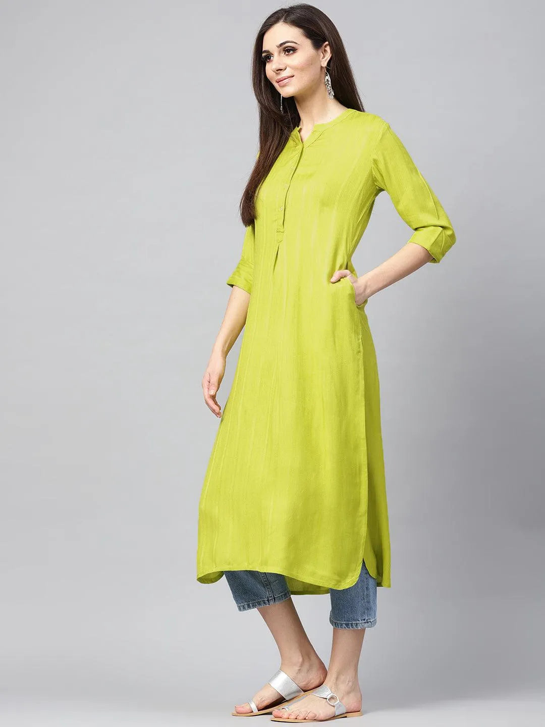 Green Solid Rayon Kurta - Libas