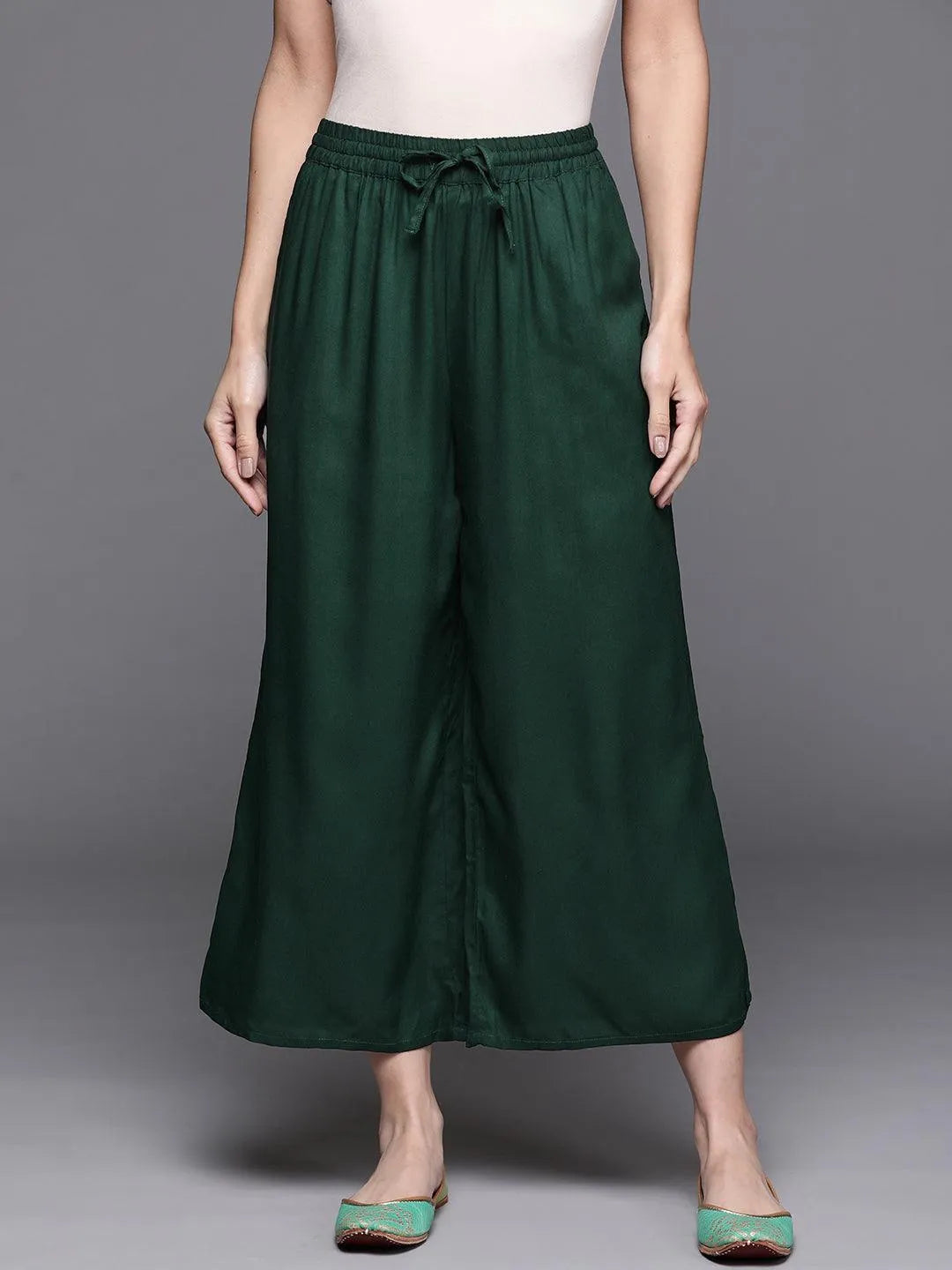 Green Solid Rayon Palazzos - Libas 